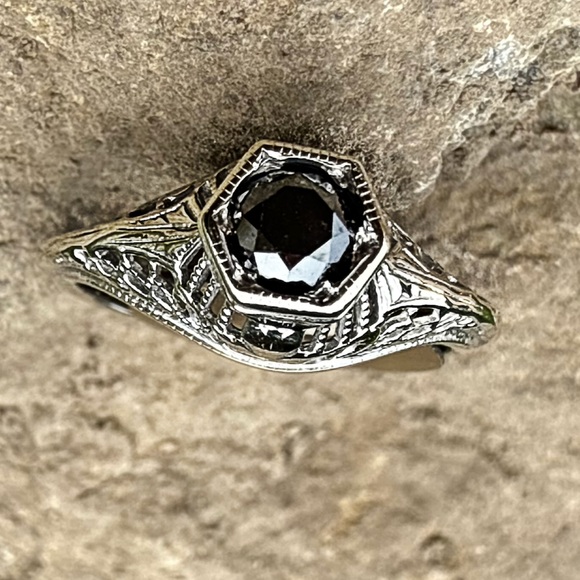 Elegant Black Diamond Filigree Ring Set In 14 Karat White Gold Intricate Design